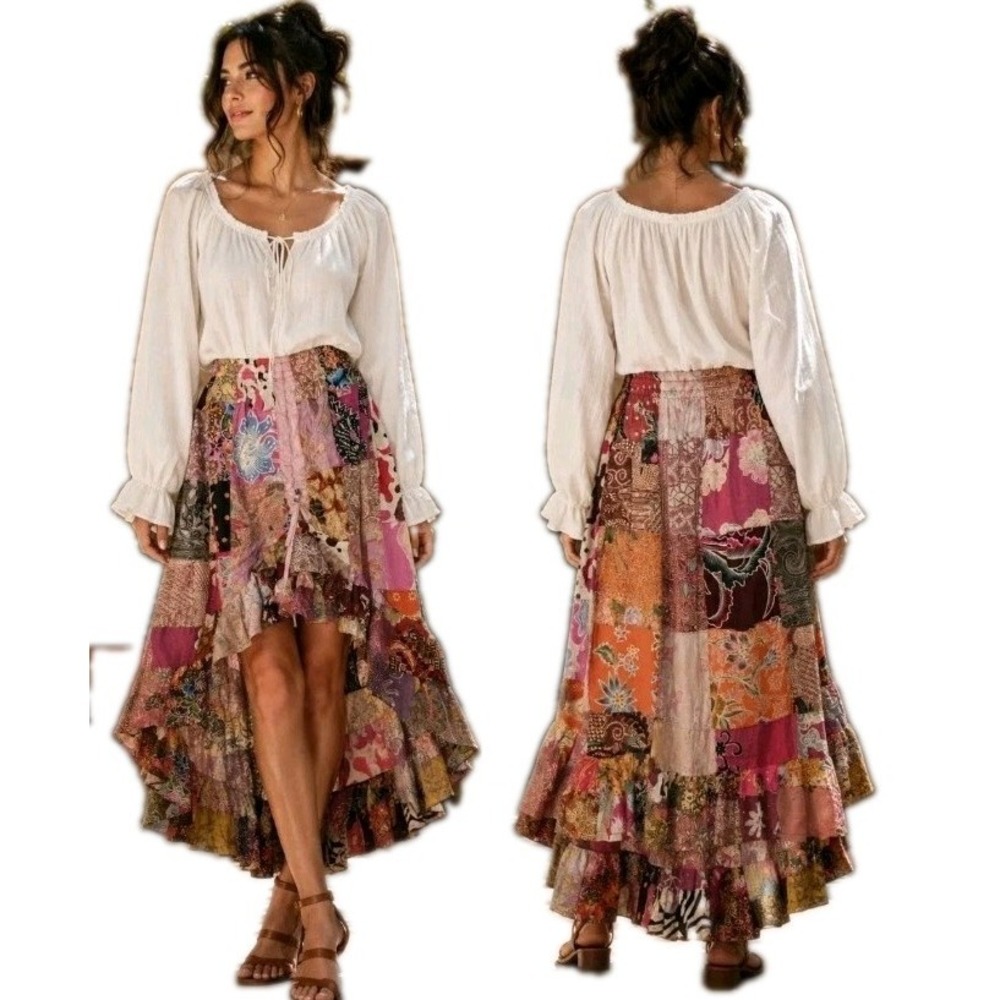 Jaded Gypsy Womens S/M Patchwork Boho High Low Tiered Ruffled Skirt Cotton